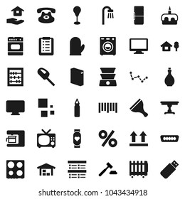 Flat vector icon set - scraper vector, washing powder, house hold, oil, cook glove, oven, cake, abacus, constellation, exam, auction, punching bag, heart monitor, top sign, barcode, classic phone