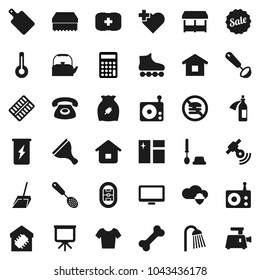 Flat vector icon set - scraper vector, scoop, sponge, window cleaning, toilet brush, shower, kettle, skimmer, ladle, cutting board, cereal, presentation, calculator, t shirt, roller Skates, bone