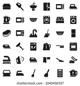 Flat vector icon set - scraper vector, broom, fetlock, scoop, sponge, iron, steaming, drying clothes, washer, sink, water tap, kettle, colander, grater, microwave oven, fridge, dishwasher
