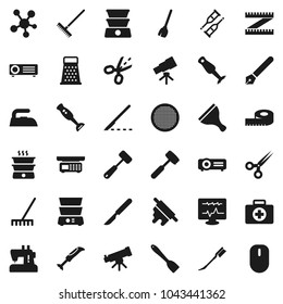 Flat vector icon set - scraper vector, broom, rake, car fetlock, iron, spatula, rolling pin, meat hammer, grater, double boiler, blender, sieve, pen, telescope, measuring, first aid kit, crutches