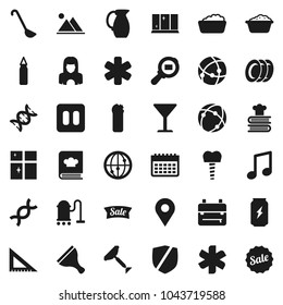 Flat vector icon set - scraper vector, vacuum cleaner, foam basin, cleaning agent, plates, shining window, woman, ladle, cookbook, jug, corner ruler, backpack, music, punching bag, enegry drink, dna