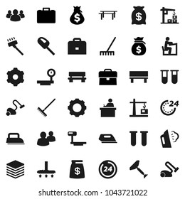 Flat vector icon set - scraper vector, vacuum cleaner, rake, steaming, student, case, money bag, horizontal bar, big scales, group, vial, data, gear, bench, construction crane, 24 hour, iron