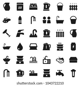 Flat vector icon set - scraper vector, water tap, bucket, sponge, drop, bath, shower, closet, sink, kettle, double boiler, jug, enegry drink, bottle, pool, pond, heating, dishwasher, filter