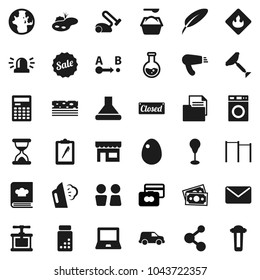 Flat vector icon set - scraper vector, steaming, washer, washing powder, water closet, cook press, cookbook, egg, pen, calculator, notebook pc, world, flask, credit card, pills vial, horizontal bar