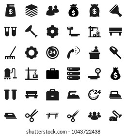Flat vector icon set - scraper vector, vacuum cleaner, rake, iron, steaming, student, case, money bag, horizontal bar, big scales, group, vial, scissors, data, gear, bench, construction crane