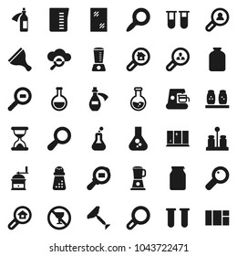 Flat vector icon set - scraper vector, window cleaning, shining, measuring cup, hand mill, spices, jar, magnifier, flask, no alcohol sign, cargo search, vial, sand clock, potion, cloud glass, estate