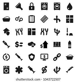 Flat vector icon set - scraper vector, water drop, window cleaning, toilet brush, washer, foam basin, shining, blender, exchange, dollar growth, monitor, bottle, route, ambulance star, gender sign