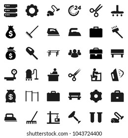 Flat vector icon set - scraper vector, vacuum cleaner, rake, iron, steaming, student, case, money bag, horizontal bar, big scales, group, vial, scissors, data, gear, bench, construction crane
