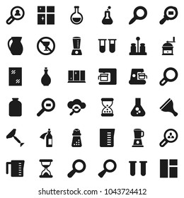 Flat vector icon set - scraper vector, window cleaning, shining, oil, measuring cup, hand mill, spices, jug, jar, magnifier, flask, no alcohol sign, cargo search, vial, sand clock, potion, client