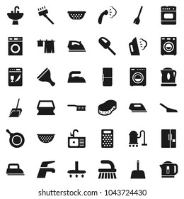 Flat vector icon set - scraper vector, broom, water tap, vacuum cleaner, fetlock, scoop, sponge, iron, steaming, drying clothes, washer, sink, pan, colander, grater, fridge, dishwasher, oven, kettle