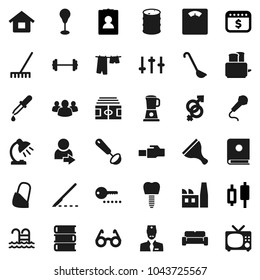 Flat vector icon set - scraper vector, rake, drying clothes, ladle, toaster, book, glasses, table lamp, japanese candle, personal information, dollar calendar, barbell, scales, stadium, punching bag