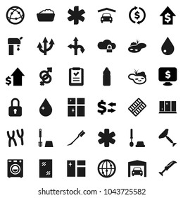 Flat vector icon set - scraper vector, water drop, car fetlock, window cleaning, toilet brush, foam basin, shining, exchange, dollar growth, monitor, bottle, route, internet, ambulance star, arrow