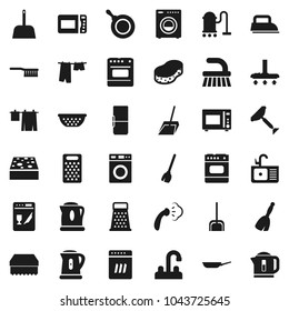 Flat vector icon set - scraper vector, broom, vacuum cleaner, fetlock, scoop, sponge, steaming, drying clothes, washer, sink, water tap, pan, kettle, colander, grater, microwave oven, fridge, iron