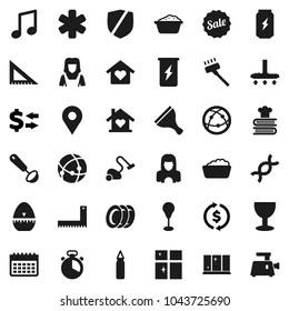 Flat vector icon set - scraper vector, vacuum cleaner, foam basin, plates, shining window, woman, cook timer, ladle, cookbook, corner ruler, music, exchange, punching bag, enegry drink, calendar