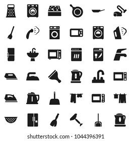 Flat vector icon set - scraper vector, broom, water tap, scoop, sponge, iron, steaming, drying clothes, washer, sink, pan, kettle, colander, grater, microwave oven, fridge, dishwasher
