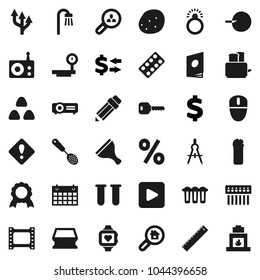 Flat vector icon set - scraper vector, sponge, cleaning agent, skimmer, toaster, cereal, potato, pencil, ruler, drawing compass, medal, exchange, dollar sign, heart monitor, calendar, big scales