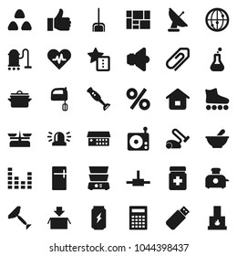 Flat vector icon set - scraper vector, vacuum cleaner, scoop, pan, mixer, double boiler, blender, cereal, calculator, roller Skates, enegry drink, consolidated cargo, radio, speaker, equalizer, home