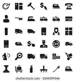 Flat vector icon set - scraper vector, vacuum cleaner, fetlock, car, window cleaning, iron, steaming, agent, shining, woman, dollar cursor, phone 24, delivery, cargo search, mobile, doctor, hour