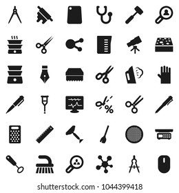 Flat vector icon set - scraper vector, broom, fetlock, sponge, steaming, rubber glove, measuring cup, whisk, rolling pin, meat hammer, cutting board, grater, double boiler, sieve, pen, ruler, coupon
