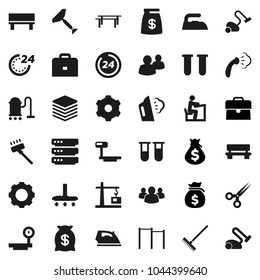 Flat vector icon set - scraper vector, vacuum cleaner, rake, iron, steaming, student, case, money bag, horizontal bar, big scales, group, vial, scissors, data, gear, bench, construction crane