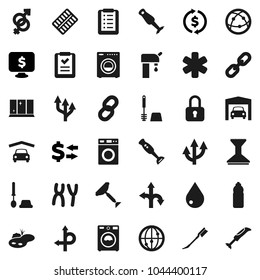 Flat vector icon set - scraper vector, water drop, car fetlock, toilet brush, washer, shining window, blender, exchange, monitor dollar, bottle, route, internet, ambulance star, gender sign, chain