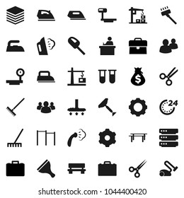 Flat vector icon set - scraper vector, vacuum cleaner, rake, iron, steaming, student, case, money bag, horizontal bar, big scales, group, vial, scissors, data, gear, bench, construction crane