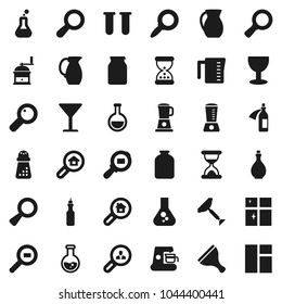 Flat vector icon set - scraper vector, shining window, oil, measuring cup, hand mill, jug, jar, magnifier, flask, glass, cargo search, vial, sand clock, potion, estate, client, coffee maker, blender