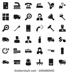 Flat vector icon set - scraper vector, vacuum cleaner, fetlock, car, window cleaning, iron, steaming, agent, shining, woman, dollar cursor, phone 24, support, delivery, cargo search, mobile, doctor