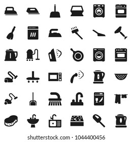Flat vector icon set - scraper vector, broom, vacuum cleaner, fetlock, scoop, sponge, iron, steaming, drying clothes, sink, water tap, pan, kettle, colander, microwave oven, washer, dishwasher