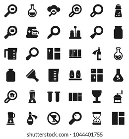 Flat vector icon set - scraper vector, window cleaning, shining, measuring cup, hand mill, spices, jar, magnifier, flask, no alcohol sign, glass, cargo search, vial, sand clock, potion, cloud