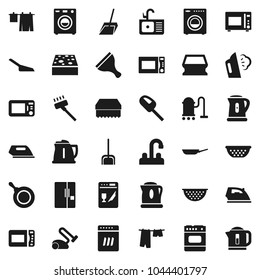 Flat vector icon set - scraper vector, vacuum cleaner, scoop, sponge, iron, steaming, drying clothes, sink, water tap, pan, kettle, colander, microwave oven, washer, fridge, dishwasher