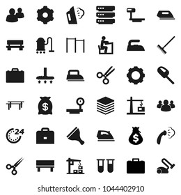 Flat vector icon set - scraper vector, vacuum cleaner, rake, iron, steaming, student, case, money bag, horizontal bar, big scales, group, vial, scissors, data, gear, bench, construction crane