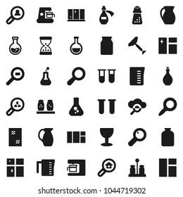 Flat vector icon set - scraper vector, window cleaning, shining, oil, measuring cup, hand mill, spices, jug, jar, magnifier, flask, glass, cargo search, vial, sand clock, potion, cloud, estate