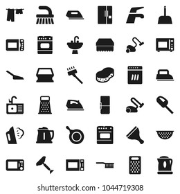 Flat vector icon set - scraper vector, water tap, vacuum cleaner, fetlock, scoop, sponge, iron, steaming, drying clothes, sink, pan, kettle, colander, grater, microwave oven, fridge, dishwasher