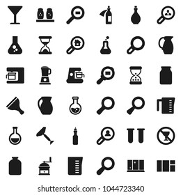Flat vector icon set - scraper vector, shining window, oil, measuring cup, hand mill, spices, jug, jar, magnifier, flask, no alcohol sign, glass, cargo search, vial, sand clock, potion, estate