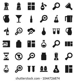 Flat vector icon set - scraper vector, window cleaning, shining, oil, measuring cup, hand mill, spices, jug, jar, magnifier, flask, no alcohol sign, glass, cargo search, vial, sand clock, potion