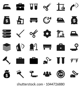 Flat vector icon set - scraper vector, vacuum cleaner, rake, iron, steaming, student, case, money bag, horizontal bar, big scales, group, vial, scissors, data, gear, bench, construction crane