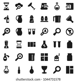 Flat vector icon set - scraper vector, shining window, oil, measuring cup, hand mill, spices, jug, jar, magnifier, flask, no alcohol sign, glass, cargo search, vial, sand clock, potion, cloud