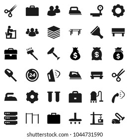 Flat vector icon set - scraper vector, vacuum cleaner, iron, steaming, student, case, money bag, horizontal bar, big scales, group, vial, scissors, data, gear, bench, construction crane, 24 hour