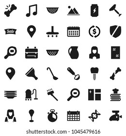 Flat vector icon set - scraper vector, vacuum cleaner, window cleaning, plates, woman, colander, cook timer, ladle, cookbook, jug, backpack, music, exchange, punching bag, enegry drink, calendar