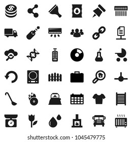 Flat vector icon set - scraper vector, washboard, kettle, ladle, paper pin, school bus, pie graph, case, calendar, t shirt, molecule, delivery, tulip, oil barrel, music hit, remote control, link
