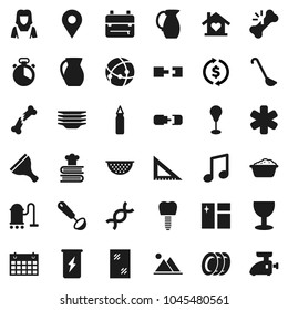 Flat vector icon set - scraper vector, vacuum cleaner, window cleaning, foam basin, plates, woman, colander, cook timer, ladle, cookbook, jug, corner ruler, backpack, music, exchange, punching bag