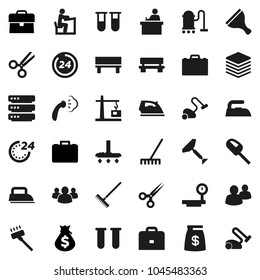 Flat vector icon set - scraper vector, vacuum cleaner, rake, iron, steaming, student, case, money bag, big scales, group, vial, scissors, data, bench, construction crane, 24 hour