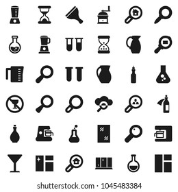 Flat vector icon set - scraper vector, window cleaning, shining, oil, measuring cup, hand mill, jug, magnifier, flask, no alcohol sign, glass, cargo search, vial, sand clock, potion, cloud, estate