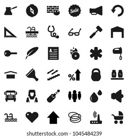 Flat vector icon set - scraper vector, cleaner woman, meat hammer, turk coffee, mixer, spices, pen, corner ruler, glasses, compass, school bus, personal information, percent growth, man, arrow up