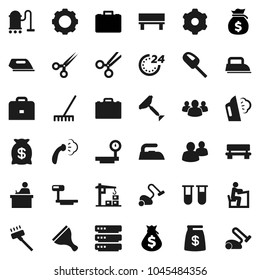 Flat vector icon set - scraper vector, vacuum cleaner, rake, iron, steaming, student, case, money bag, big scales, group, vial, scissors, data, gear, bench, construction crane, 24 hour