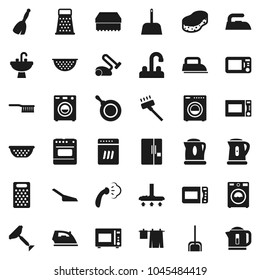 Flat vector icon set - scraper vector, broom, vacuum cleaner, fetlock, scoop, sponge, iron, steaming, drying clothes, washer, sink, water tap, pan, kettle, colander, grater, microwave oven, fridge