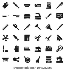 Flat vector icon set - scraper vector, broom, fetlock, sponge, toilet brush, rubber glove, pan, colander, measuring cup, rolling pin, grater, double boiler, blender, ruler, pen, scissors, scalpel