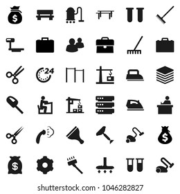 Flat vector icon set - scraper vector, vacuum cleaner, rake, iron, steaming, student, case, money bag, horizontal bar, big scales, group, vial, scissors, data, gear, bench, construction crane
