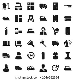 Flat vector icon set - scraper vector, vacuum cleaner, fetlock, car, window cleaning, iron, steaming, agent, shining, woman, phone 24, support, delivery, mobile, doctor, hospital building, hour